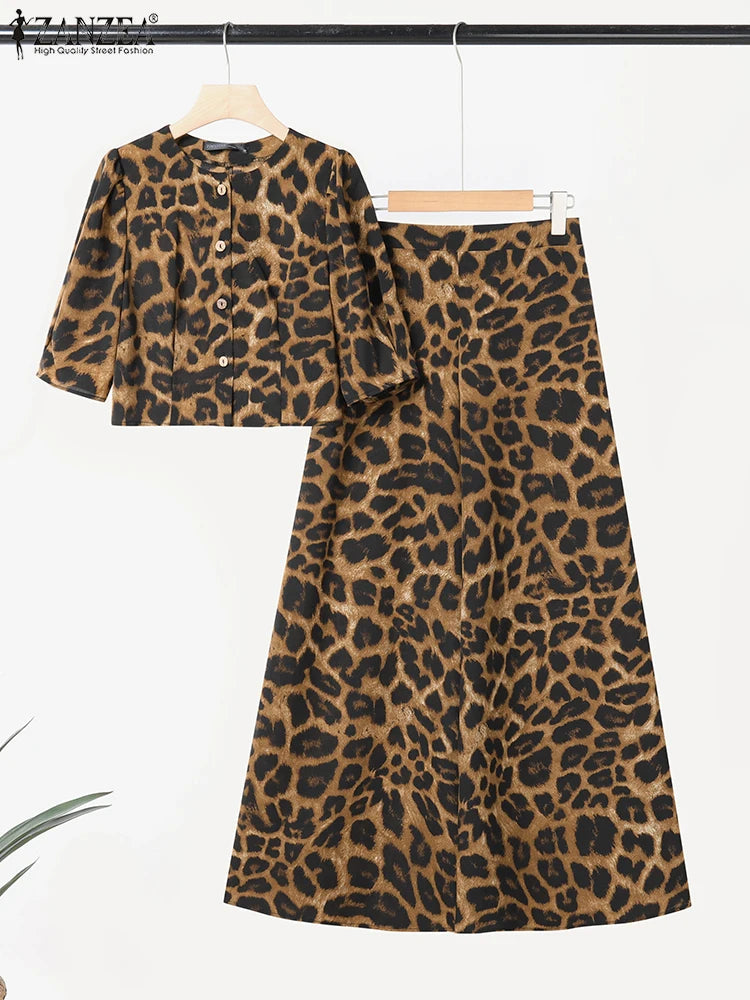Leopard Print Puff Sleeve Pants Set