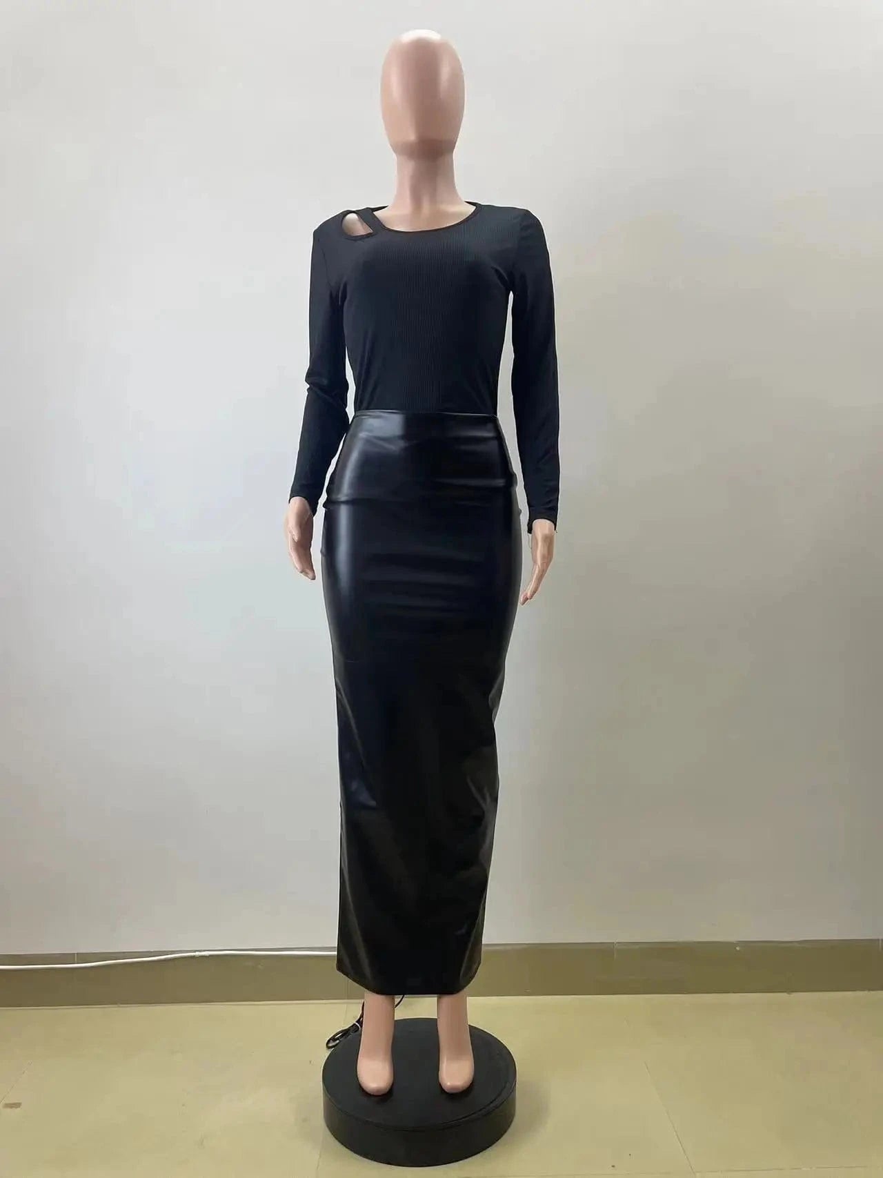 Black PU Leather Long Skirt Sexy Women High Waist Elegant High Street Faux Leather Casual Skirt