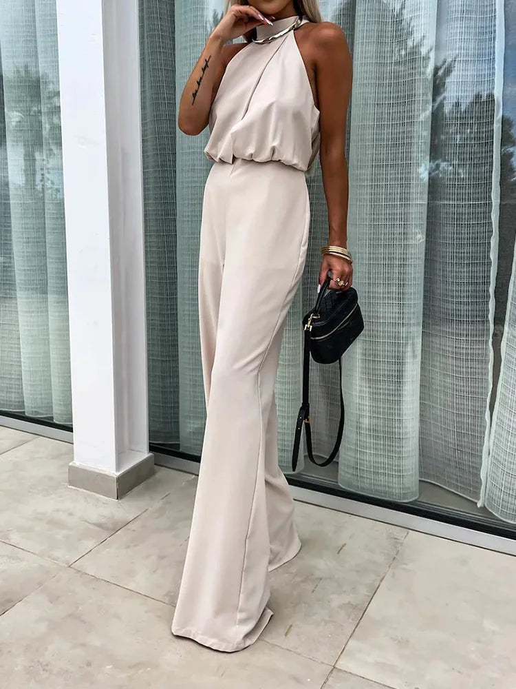 New Sleeveless Wide Leg Pants Playsuits, Women Summer Half High Collar Elegant Jumpsuits, Solid Patchwork Simple Ladies Bodysuit