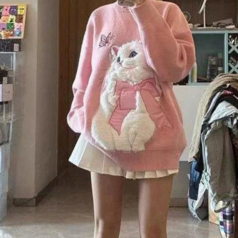 Pink simple round neck sweater women wear new dopamine in autumn and winter flocking cute cat design soft milk sweater top.