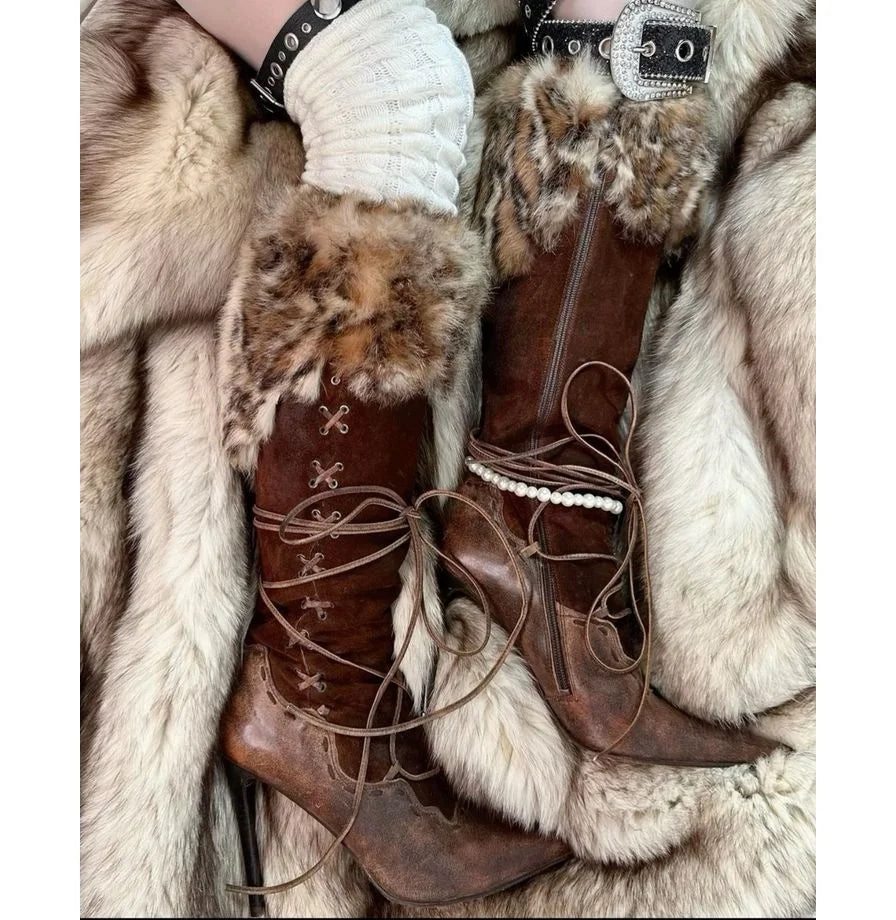 Vintage Leopard Knee High Boots With Zipper And Pointed Toe For Women