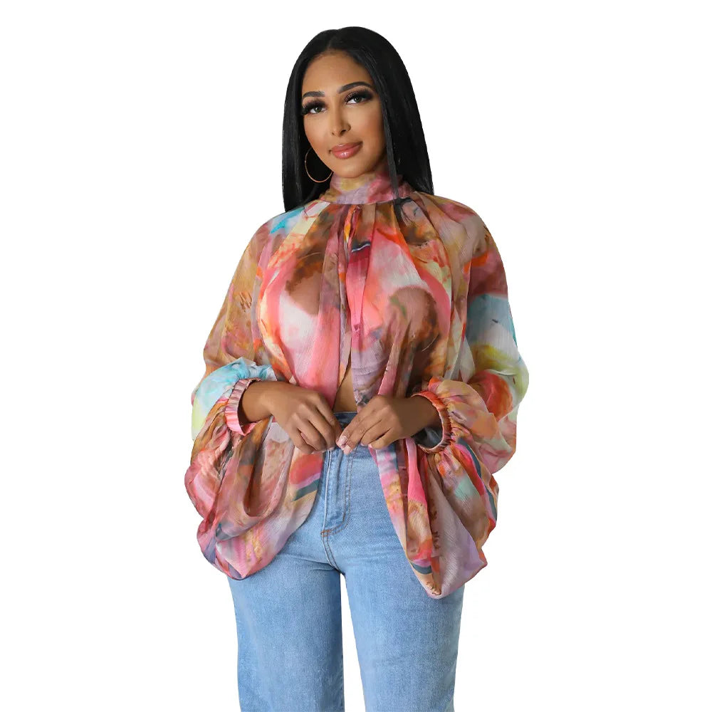 Sheer Lantern Sleeve Blouse with Tie Back for Women