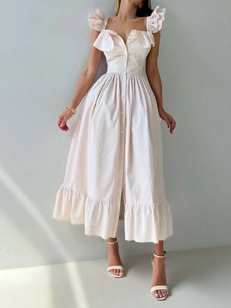 Solid Striped Fly Sleeve Women 's Dress Solid V-neck Single Breasted Draped Front Split Dressess Female Summer Lady Party Robes