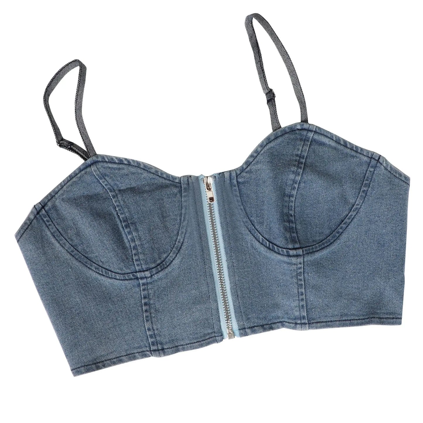 Spaghetti Strap Crop Top Denim Patchwork Two Piece Set for Women