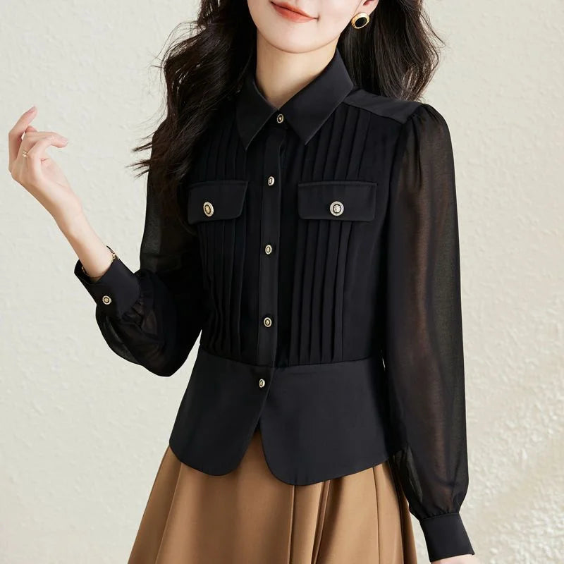 Autumn 2025 New Women Short Long-sleeved Chiffon Blouse Shirt Western-style Blouse Female  Slim Pure Colour Bottoming Shirt