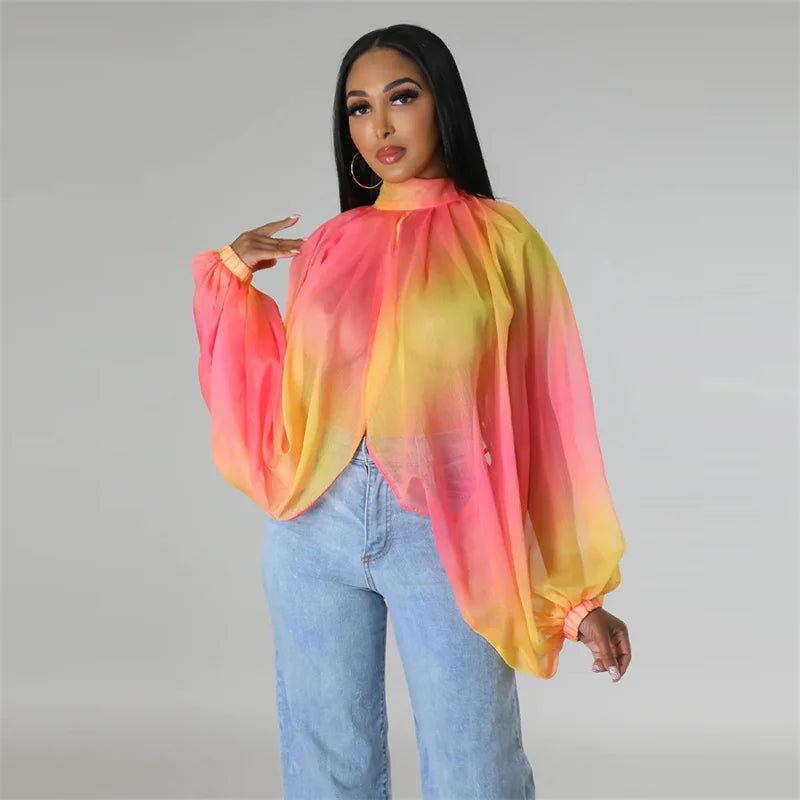 Printed Batwing Sleeve Chiffon Blouse With Sheer Front for Women