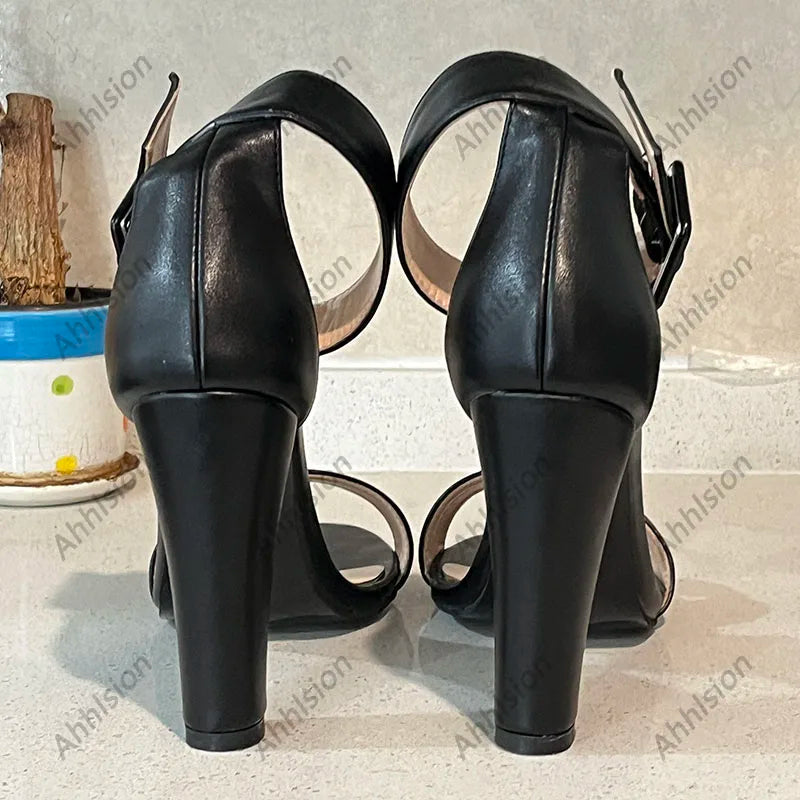 Black Chunky Square Heels Buckle Strap Platform Sandals for Women