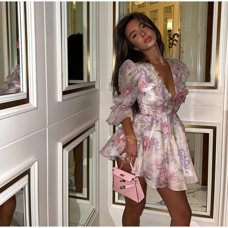 Floral Printed Ruffle Mini Dress with Deep V Neck for Women