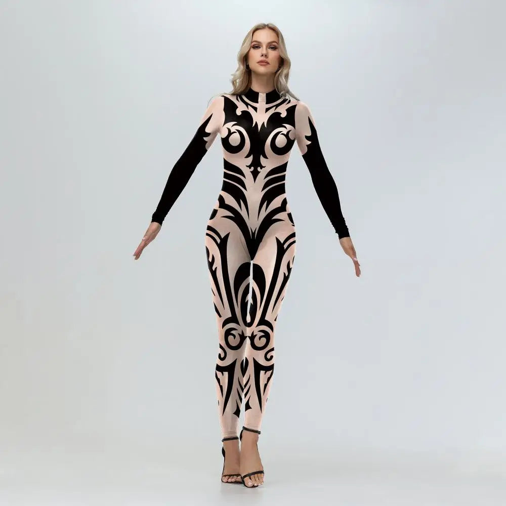 Elegant Skin Color Rhinestone Print Jumpsuit for Women