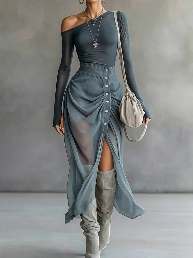 Patchwork Top And Maxi Skirt Two Piece Set for Women