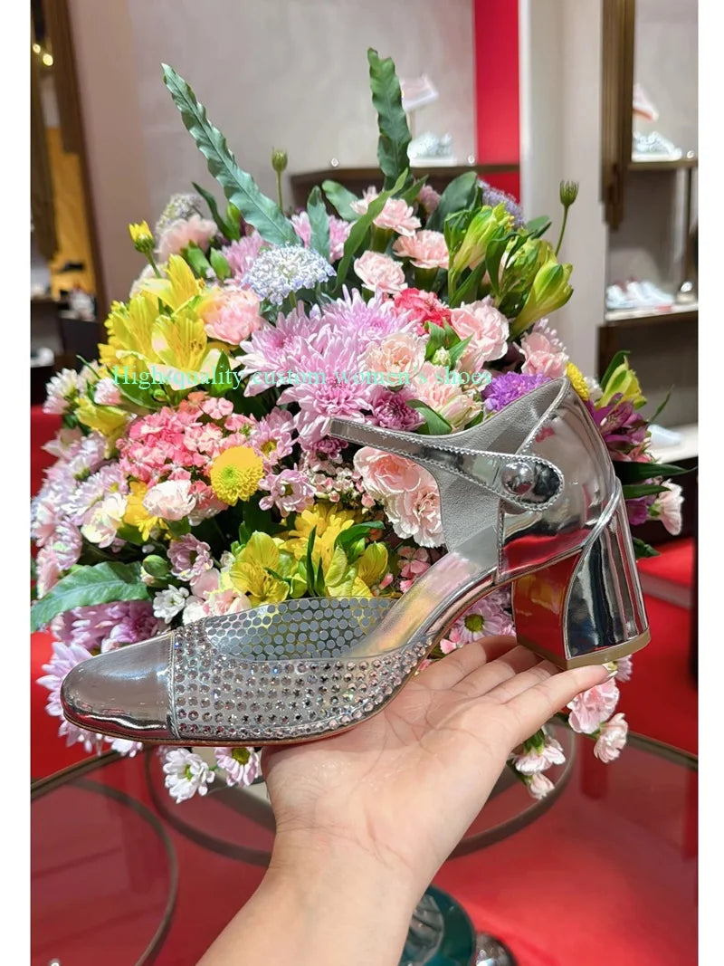 Elegant Gold Round Rhinestones Color-Blocked Sandals for Women