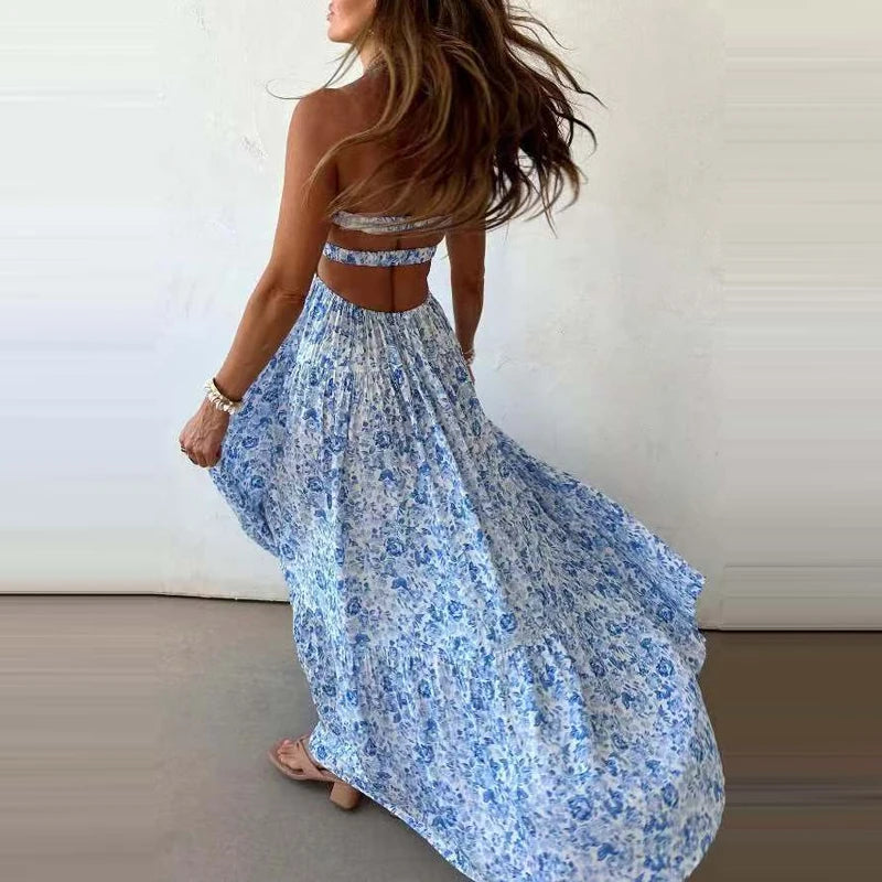 Off Shoulder Pleated Bohemian Maxi Dress for Women