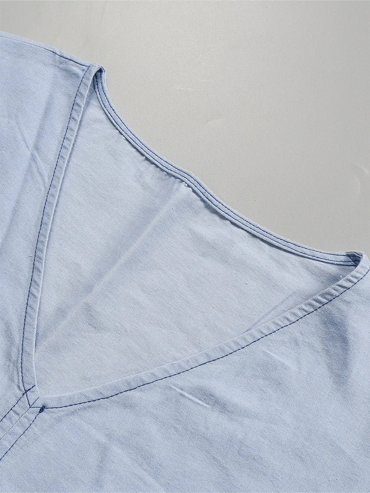 2024 Spring And Summer New Women's Shirt V Collar Denim Shirt Comfortable Casual Blue Pullover Shirt
