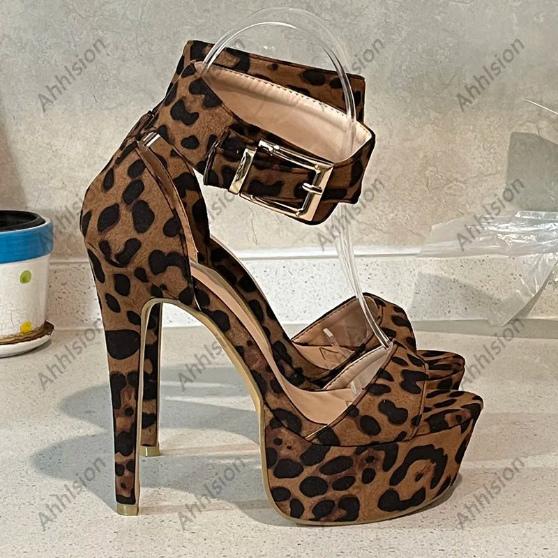 Leopard Print Suede Stiletto Sandals With Buckle For Women