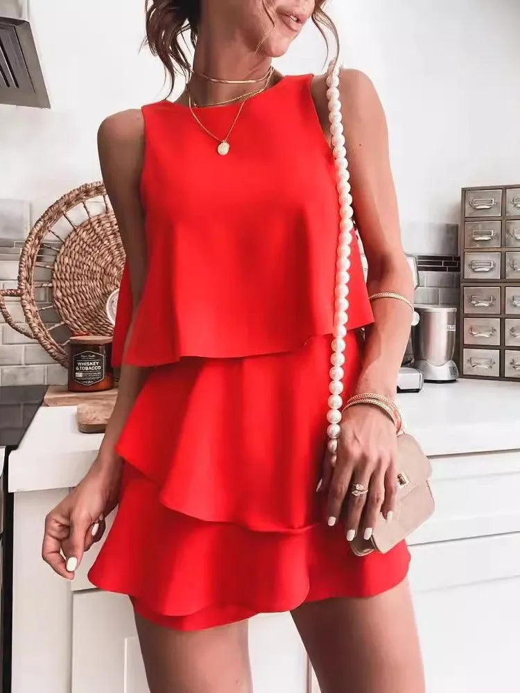 Irregular Layered Sleeveless O Neck Short Jumpsuit for Women