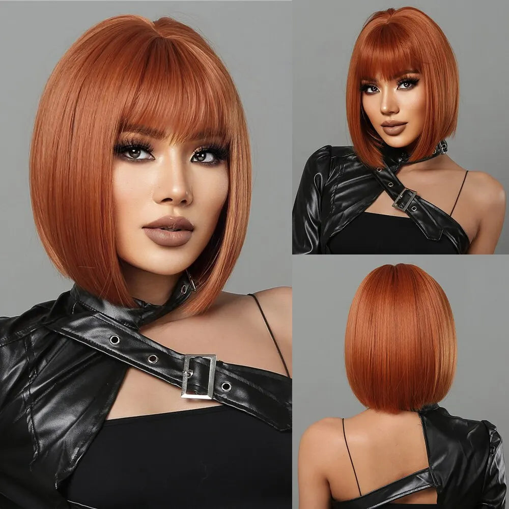 Heat Resistant Wine Red Bob Wig With Thick Bangs for Women