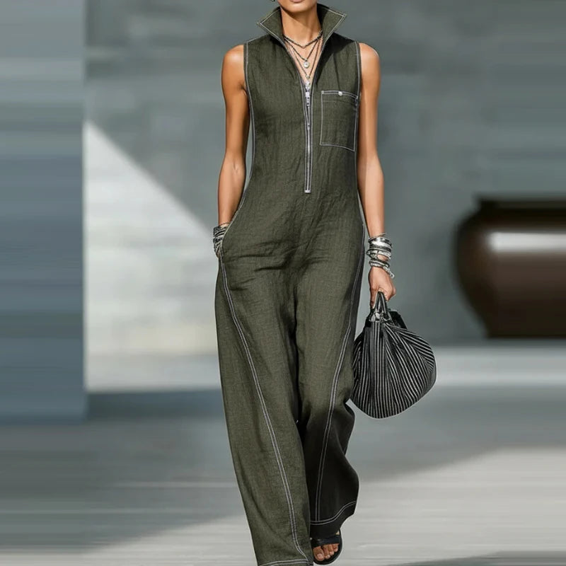 Stand Collar Pocket Sleeveless Wide Leg Jumpsuit for Women