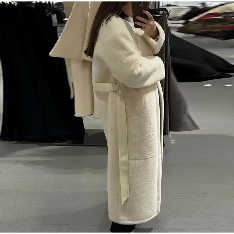Lace Up Elegant White Faux Fur Long Coat for Women