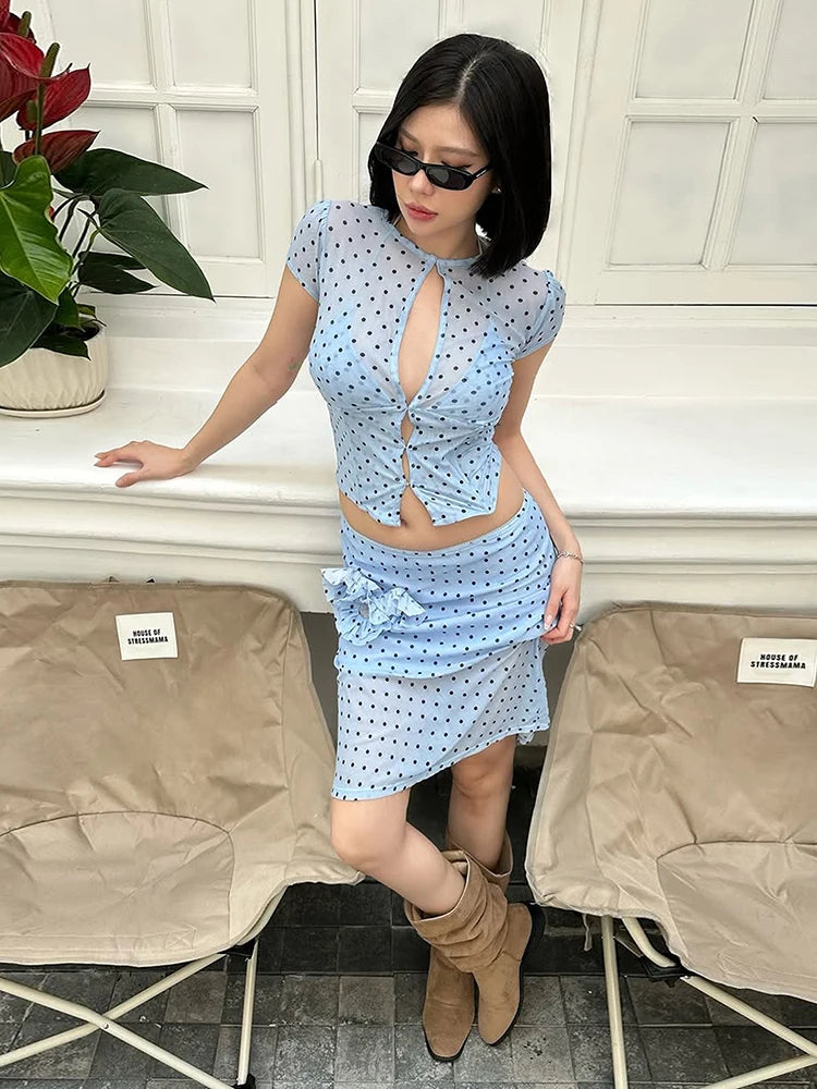 Polka Dot Print Floral Embellishment Two Piece Set for Women