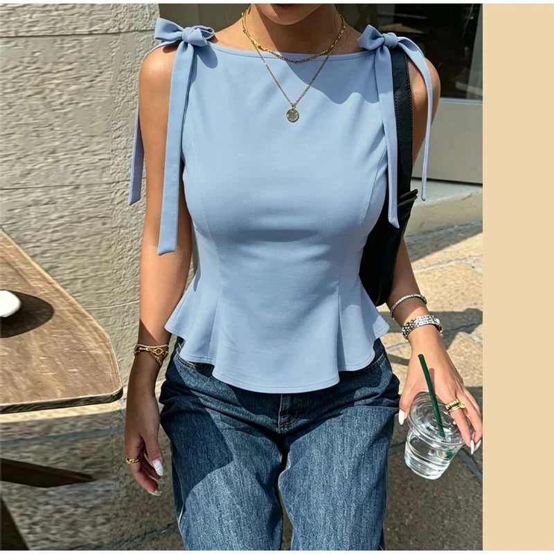 Lace Up Bow Detail Round Neck Sleeveless Top For Women