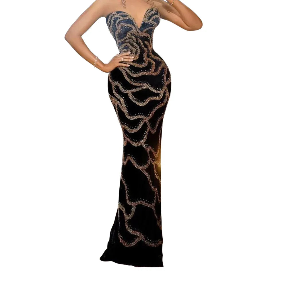 Sweetheart Strapless Deep V Velvet Rhinestone Rose Pattern Maxi Dress for Women