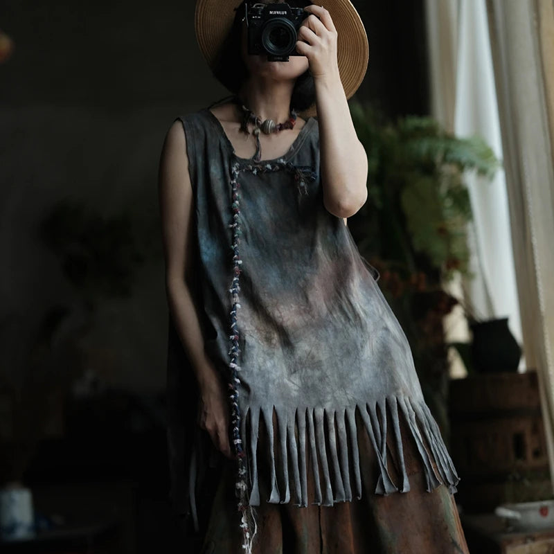 Casual Loose Fit Print Tassels Tank Top Cotton for Women