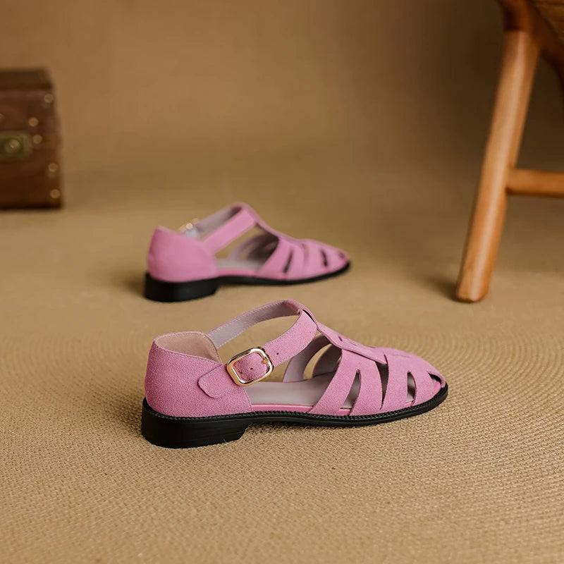 Retro Cowsuede Buckle Strap Closed Toe Sandals for Women