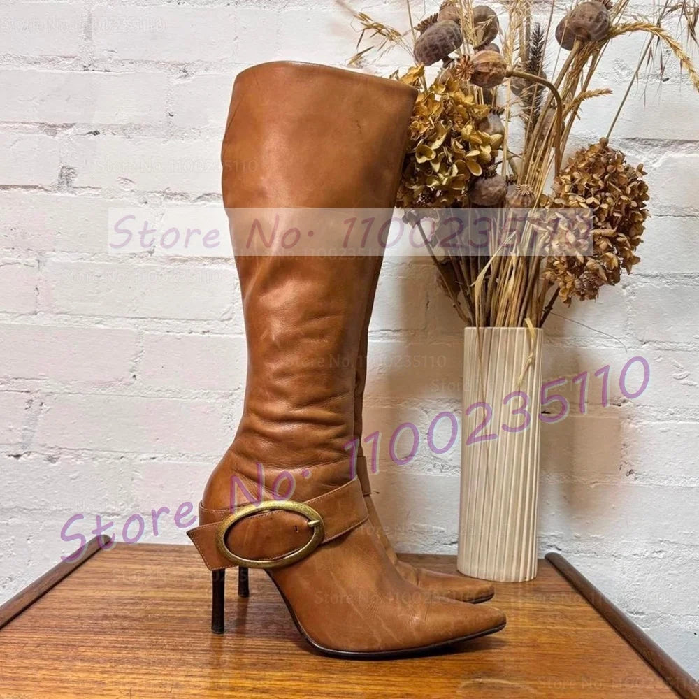 Black Leather Pointed Toe Knee High Boots for Women