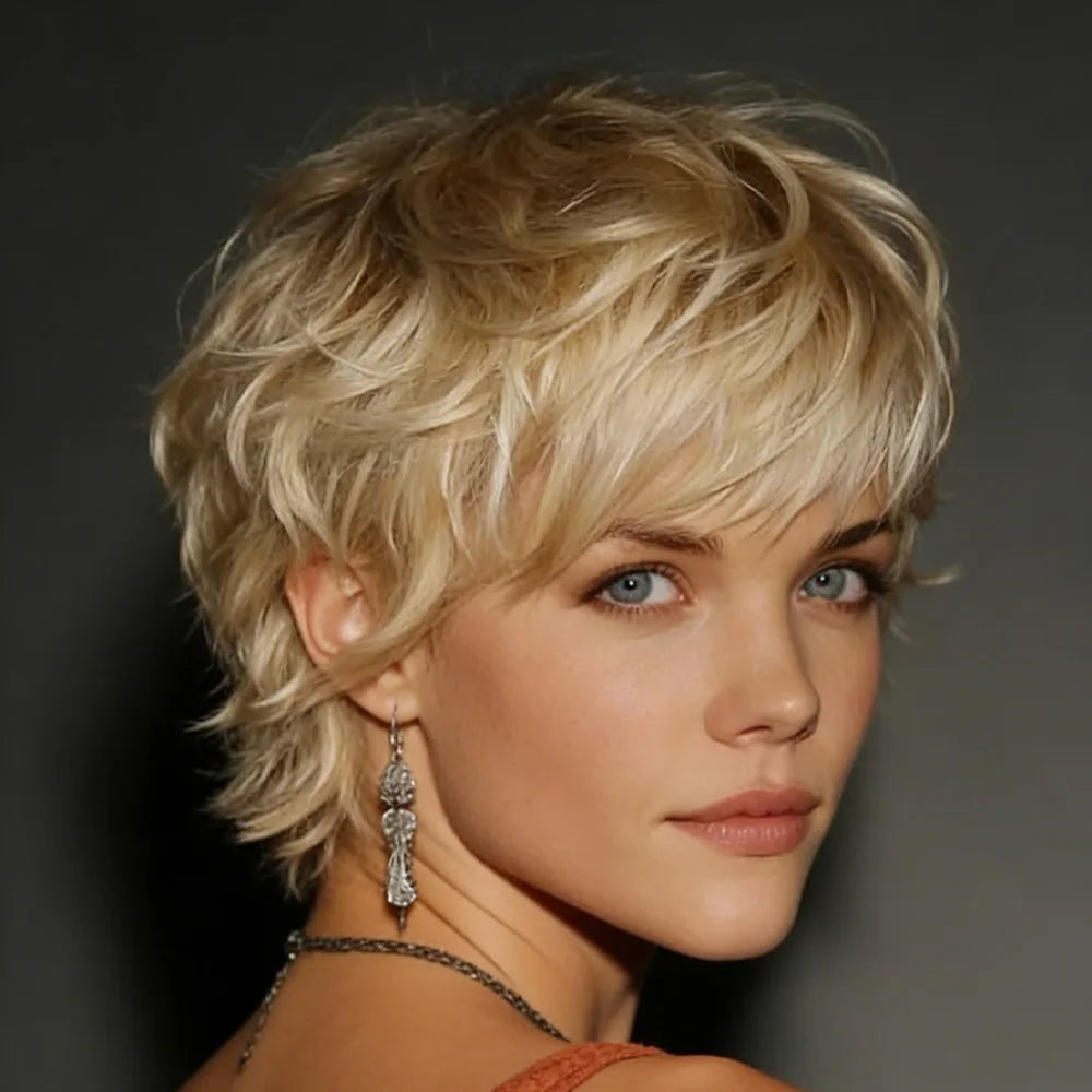 Short Straight Pixie Cut With Bangs Human Hair Wig For Women