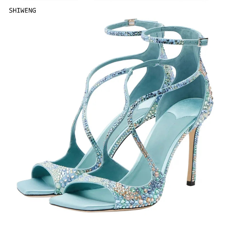Elegant Rhinestone Crisscross Strap Stiletto Sandals for Women