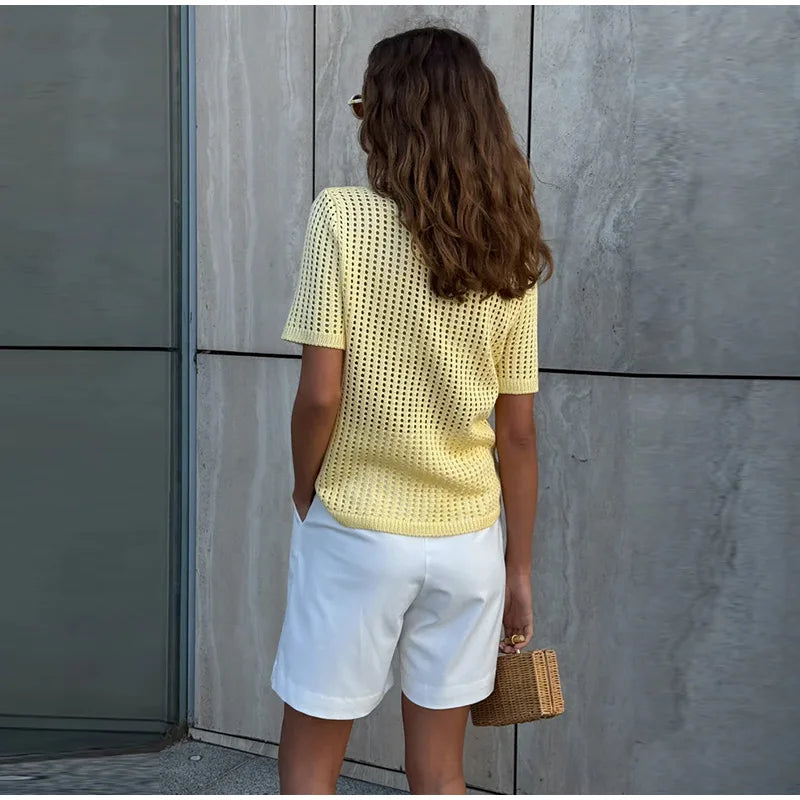 Casual Hollow Out Knit V Neck Pullover Sweater for Women