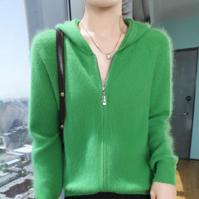 Loose Hooded Cashmere Knit Zipper Cardigan for Women