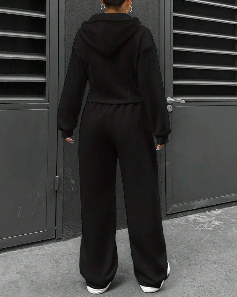 2 Pieces Pants Set Long Sleeve Zip Fly Slim Fit Hooded Top and Casual Wide Leg Pants Set