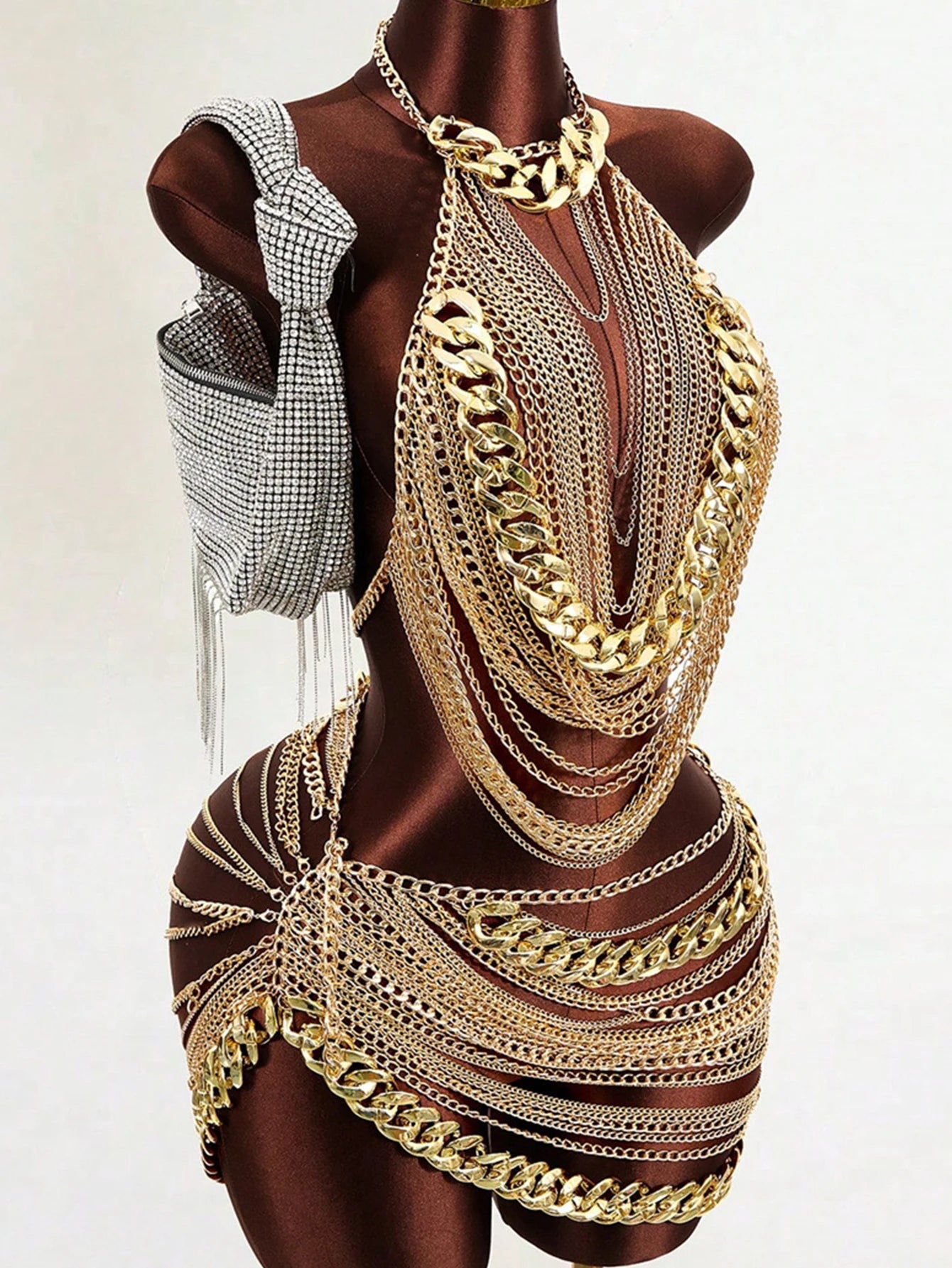 Sheer Metal Chain Backless Mini Dress Party Clubwear for Women