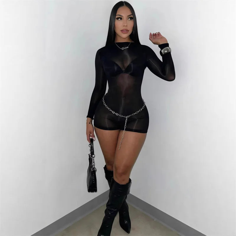 Solid Long Sleeve Slim Fit Club Party Romper for Women