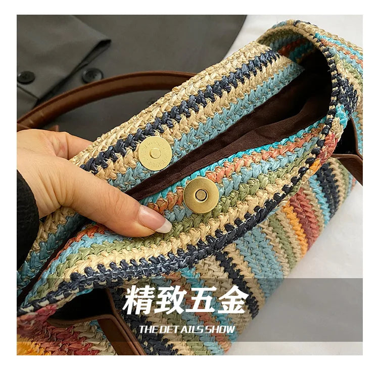 Large capacity rainbow woven tote bag, women's new versatile commuting beach bag, shoulder bag