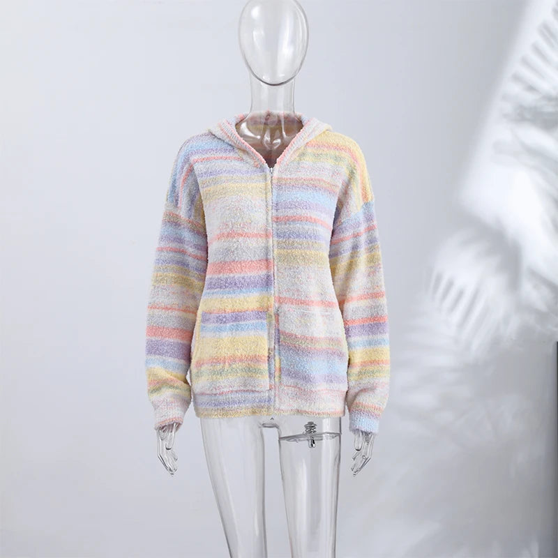 Colorful Rainbow Stripe Hooded Knit Cardigan for Women