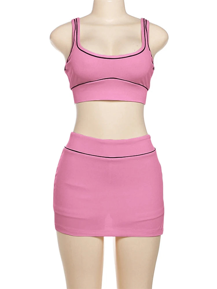 Striped Square Neck Two Piece Skirt Set Outfit for Women