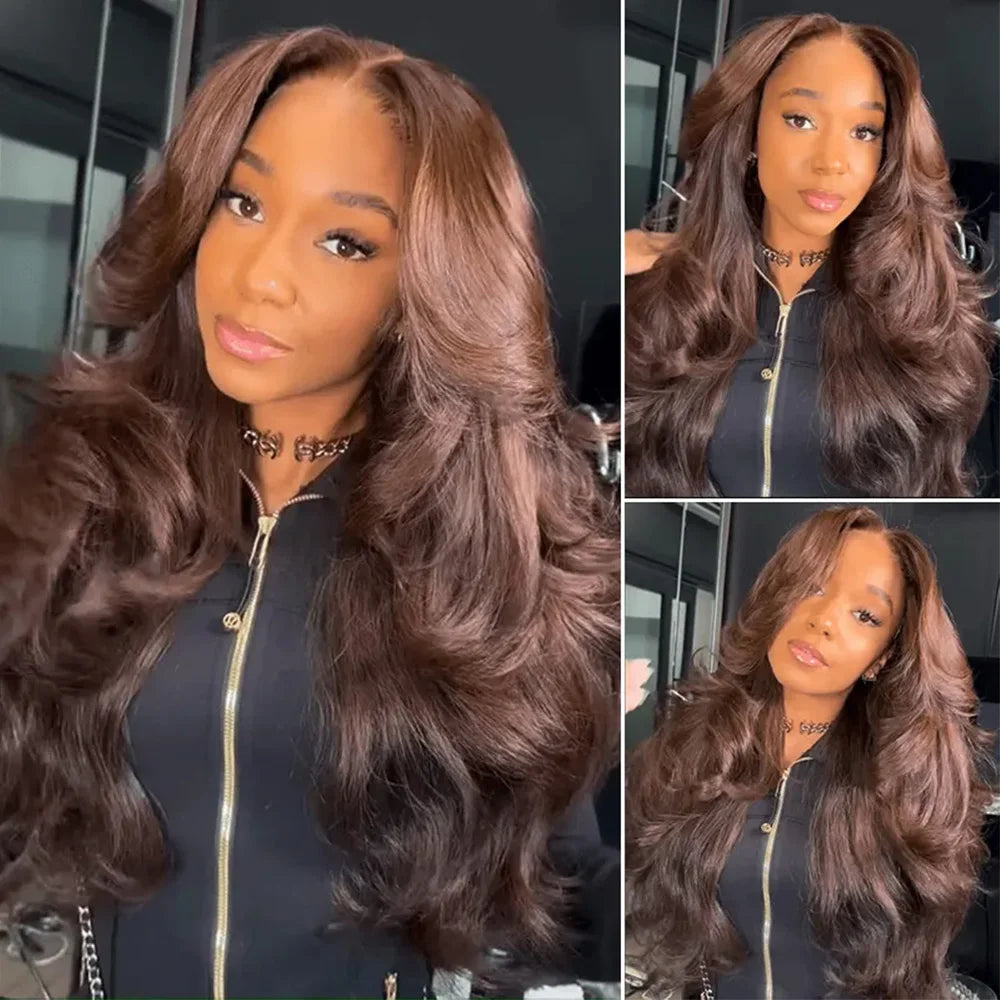 Chocolate Brown Long Body Wave Human Hair Lace Front Wig for Women