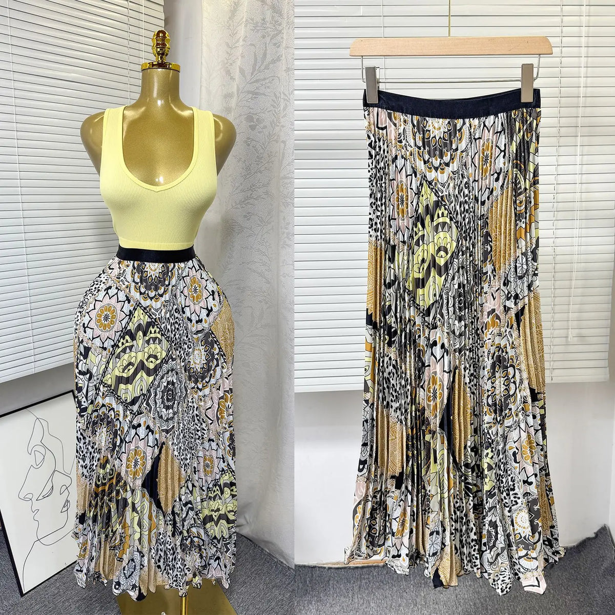 Floral Ruffle A Line Midi Skirt with Elastic Waist for Women
