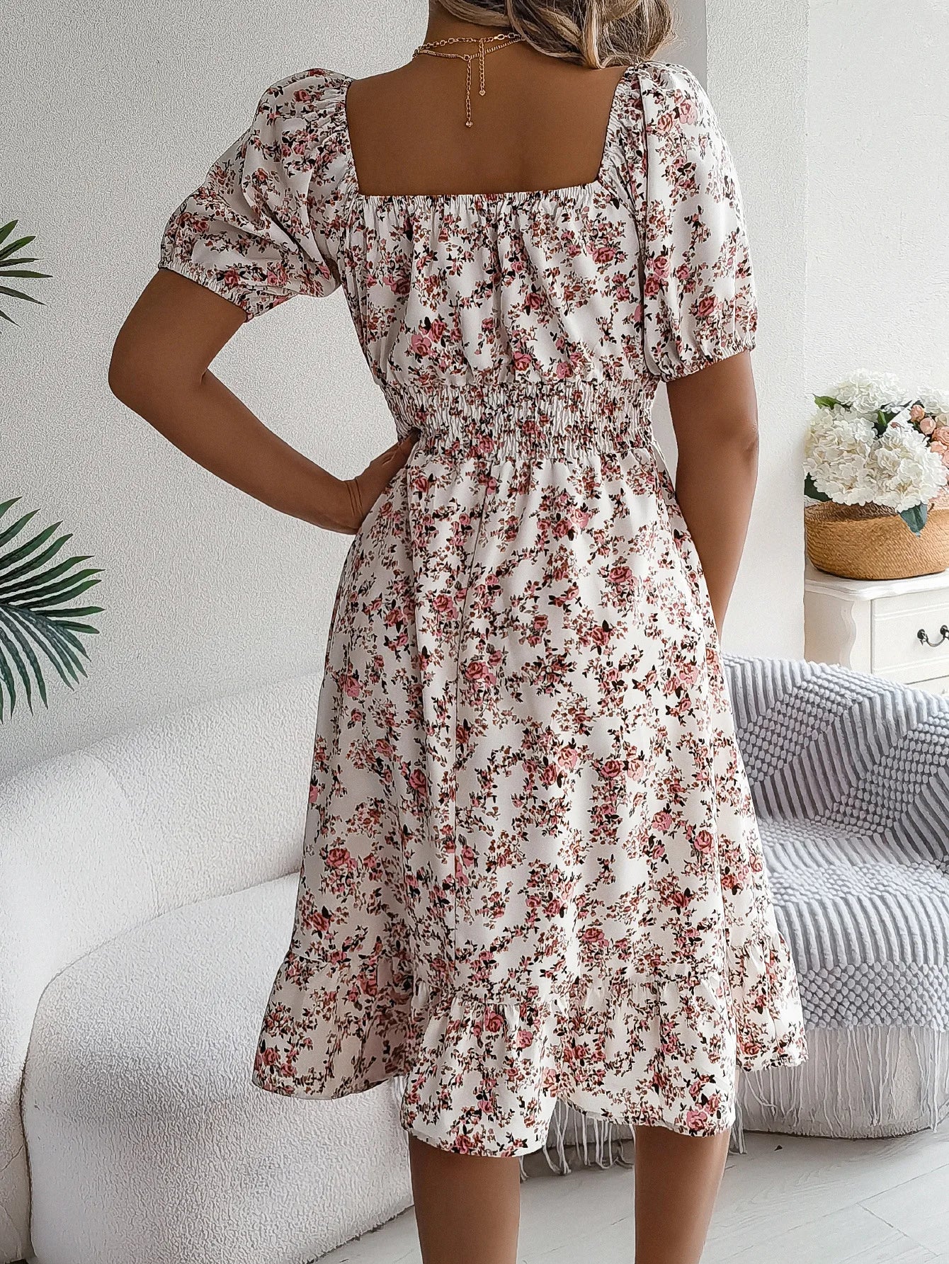 Floral Square Neck Short Sleeve High Waist Swing Dress for Women