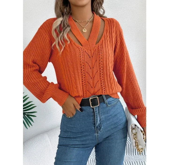 Casual Sweater Women Streetwear Hollow V-neck Elegant Lantern Sleeve Head Tops 2024 Autumn/Winter New Long Sleeved T-shirt Y2k