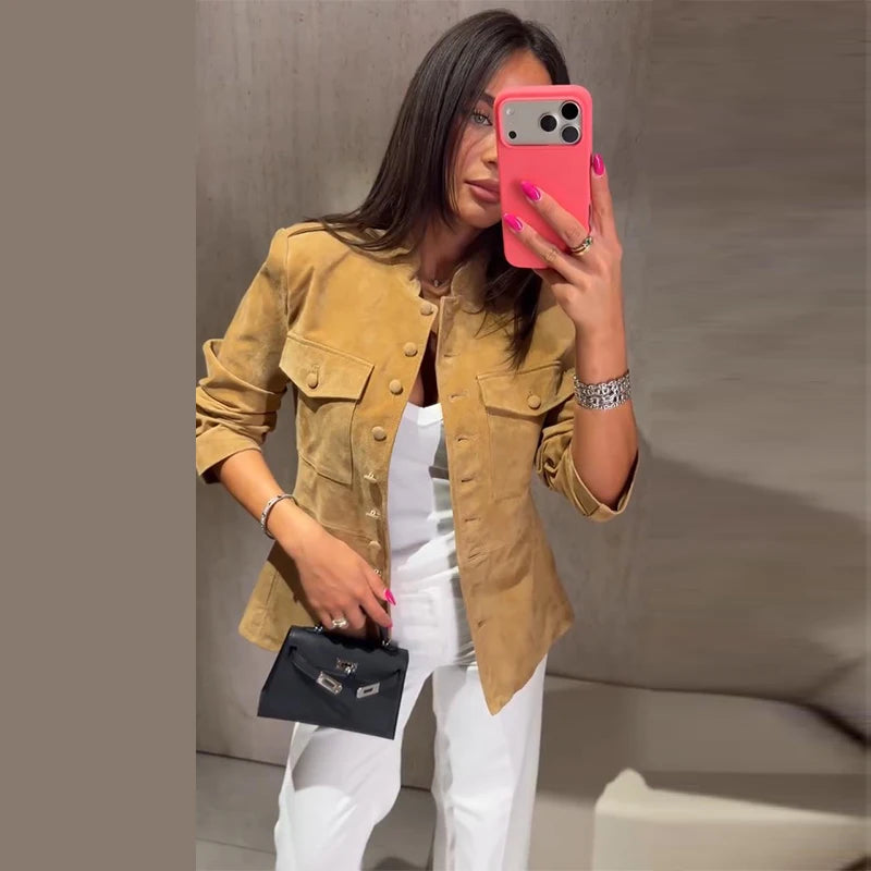 Vintage Stand Collar Single Breasted Military Coat For Women