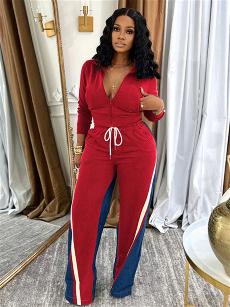 Colorblock Zip Top And Patchwork Pants Set for Women