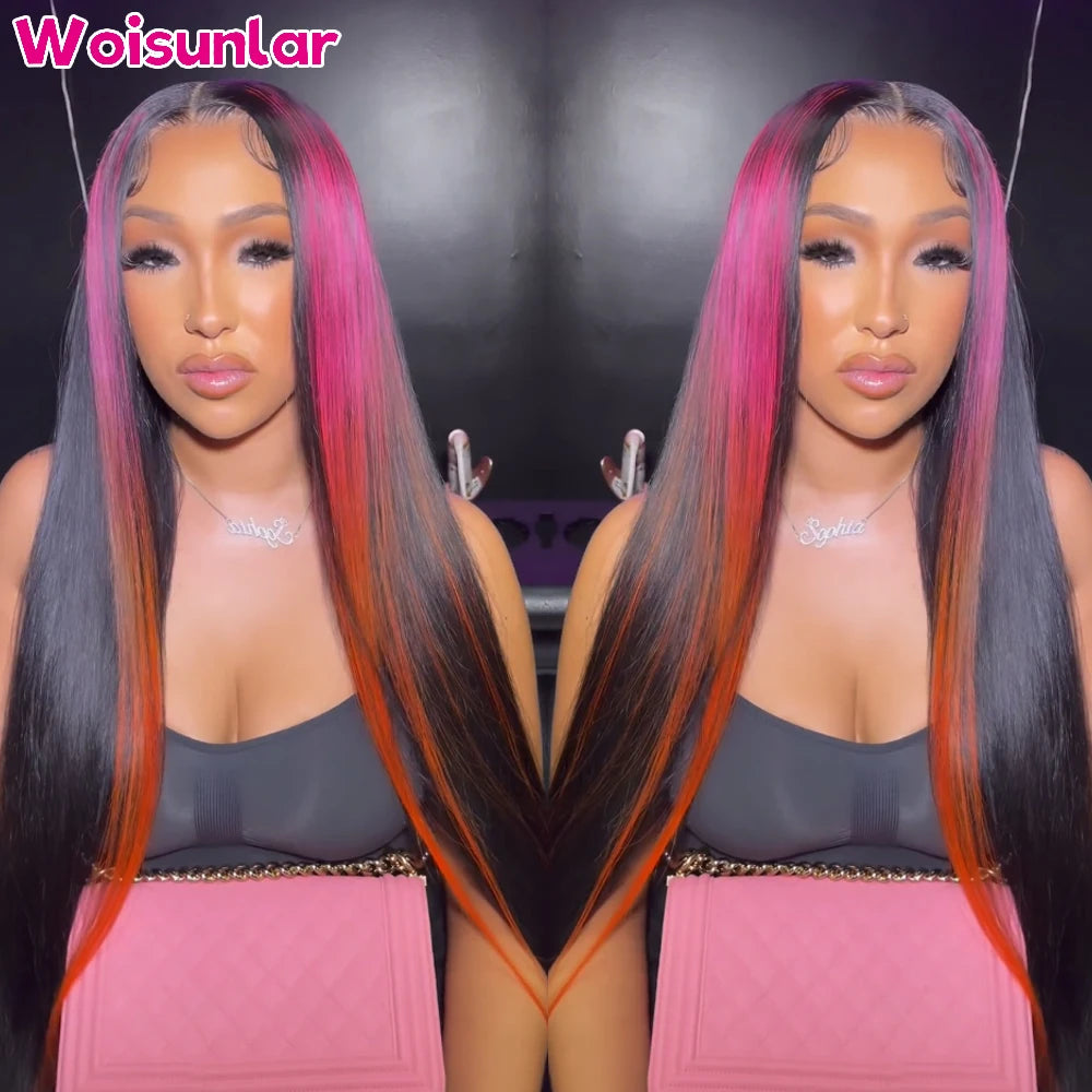 Highlight Pink Yellow and Black Lace Front Human Hair Wigs Straight 200% For Women 13x6 13x4 Transparent Lace Human Hair Wig 100