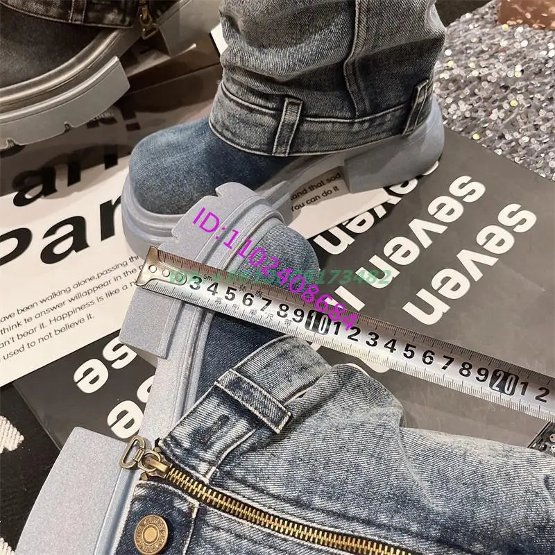 Design Women High Platform Sole Denim Flat Ankle Boots Lady Jeans Ankle Boots Platform Flat Denim Boots