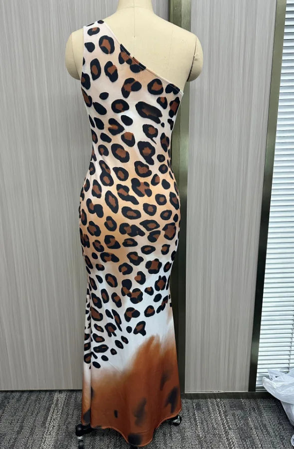 One Shoulder Leopard Print Satin Maxi Dress For Women