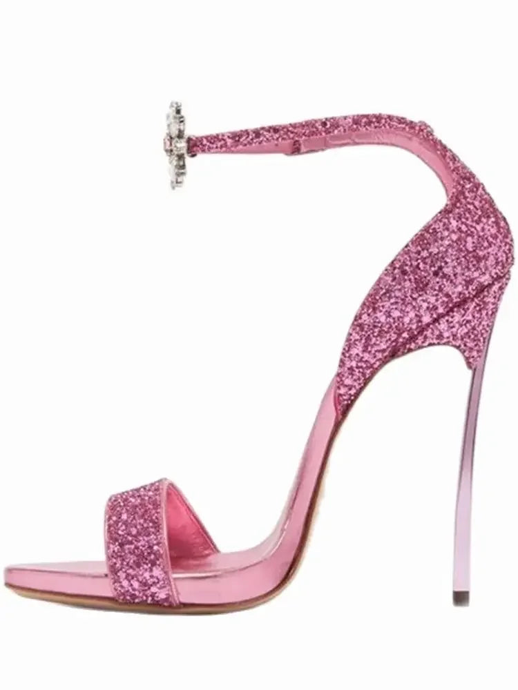 Pink Crystal Embellished Peep Toe Sandals For Women