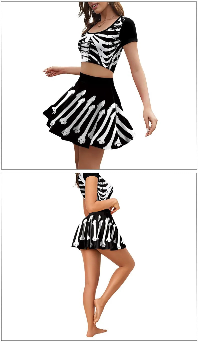 Gothic Skeleton Print Two Piece Costume Set for Women