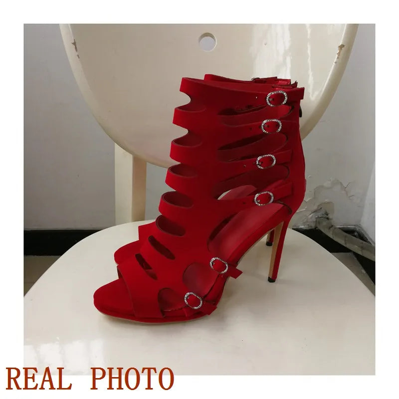 Premium Buckled Suede Open Toe Stiletto Sandals for Women